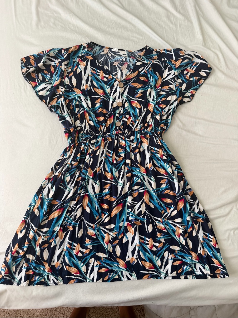 Women’s Navy Floral Short Sleeve Dress with Teal & Coral Leaves